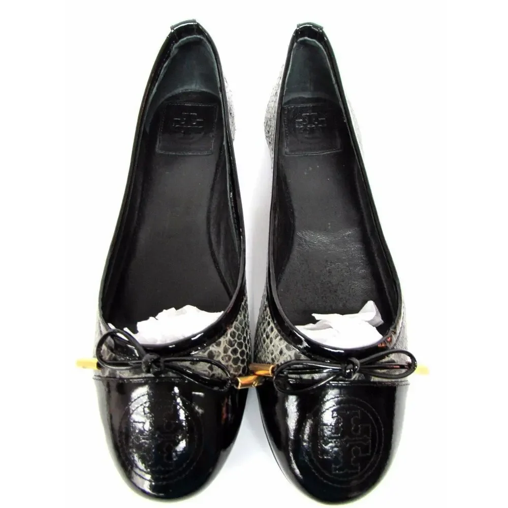 Tory Burch Black Patent and Gray Snake-Print Ballet Flat